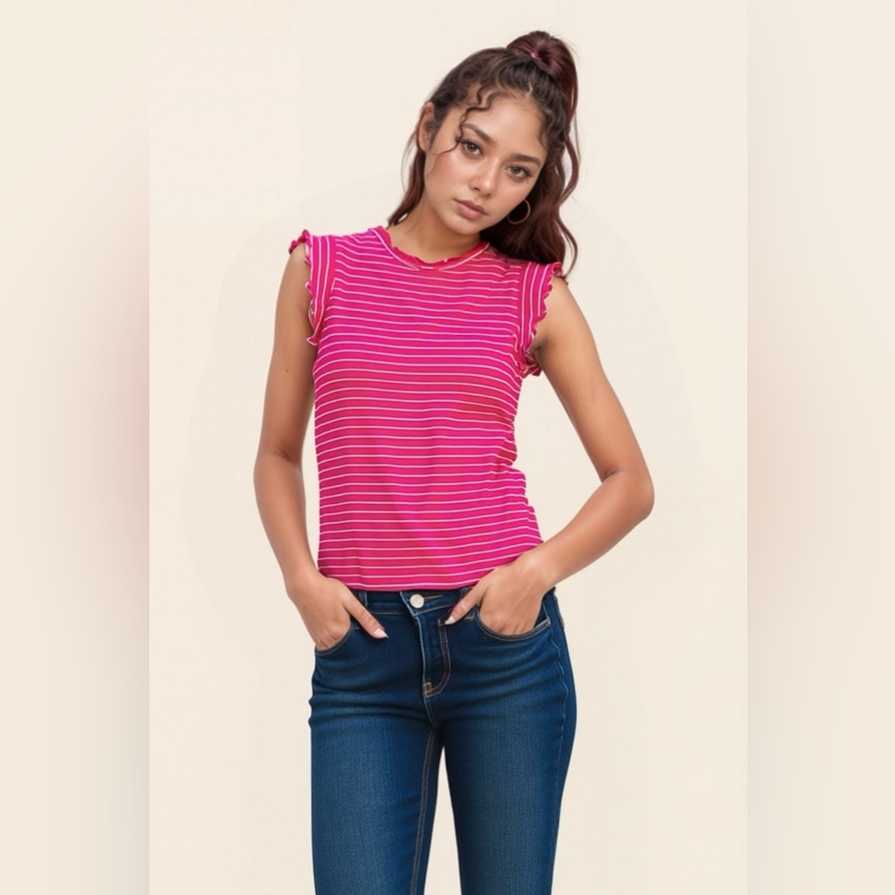 Zenana Ribbed Ruffle Trim Sleeveless Stripe Top